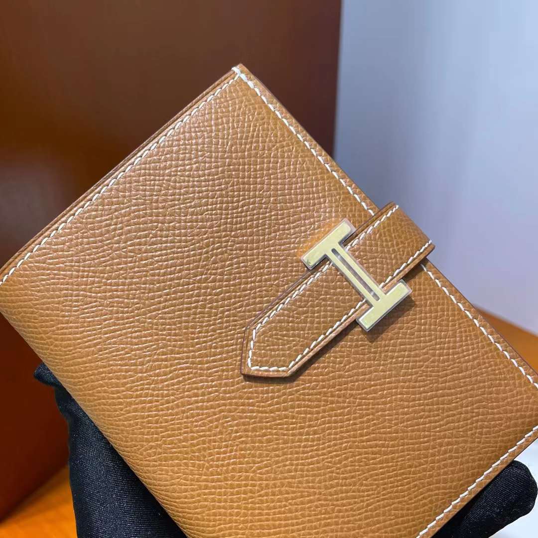 Hermès（爱马仕）Bearn 小H 短款钱包 Epsom Ck37 金棕色 金扣 全手工蜡线缝制