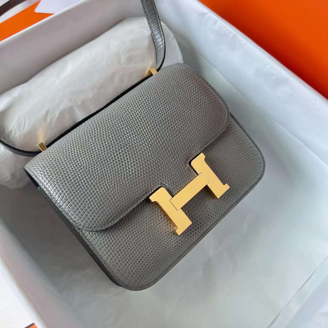 Hermès（爱马仕）Constance 空姐包 Lizard 进口蜥蜴皮 Ck81 斑鸠灰 金扣 19cm 全手工蜡线缝 Ghw