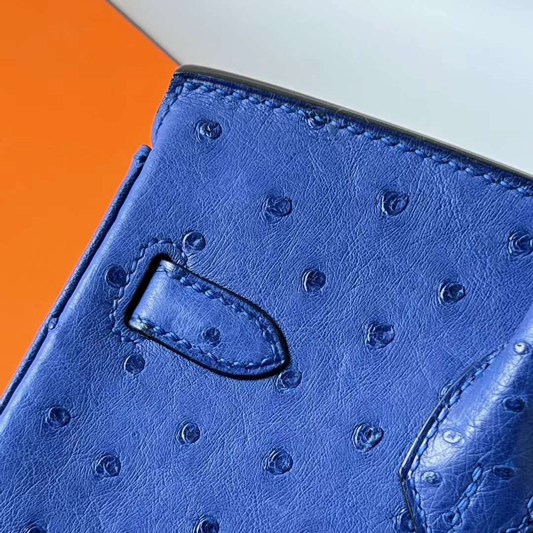 Hermès（爱马仕）Birkin 铂金包 Ostrich 进口鸵鸟皮 I7 琉璃蓝 金扣 25cm 全手工蜡线缝 Ghw