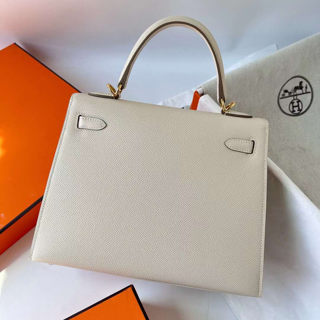 Hermès（爱马仕）Kelly 凯莉包 Epsom Ck10 奶昔白 Craie 金扣 25cm 全手工蜡线缝 Ghw