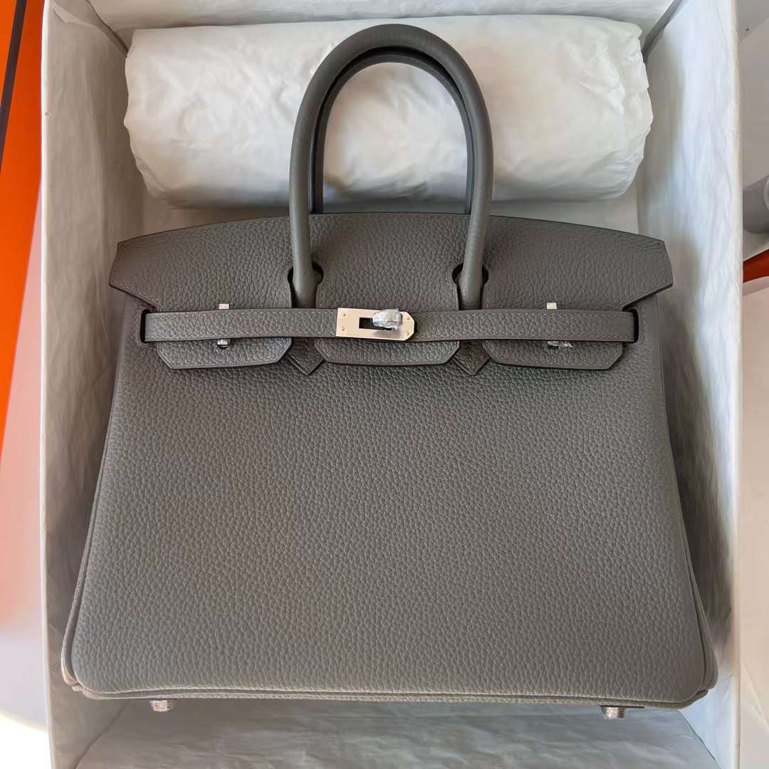 Hermès（爱马仕）Birkin 铂金包 Togo 进口顶级小牛皮 0L 积雨云灰 Gris Meyer 银扣 25cm 全手工蜡线缝 Phw