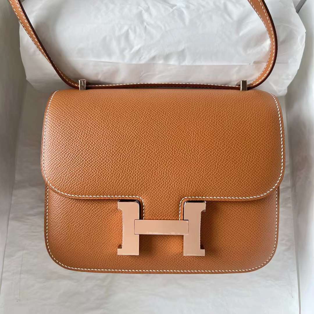 Hermès（爱马仕）Constance 空姐包 Epsom 镜子款 Ck37 金棕色 玫瑰金扣 1-19cm 全手工蜡线缝 Rghw