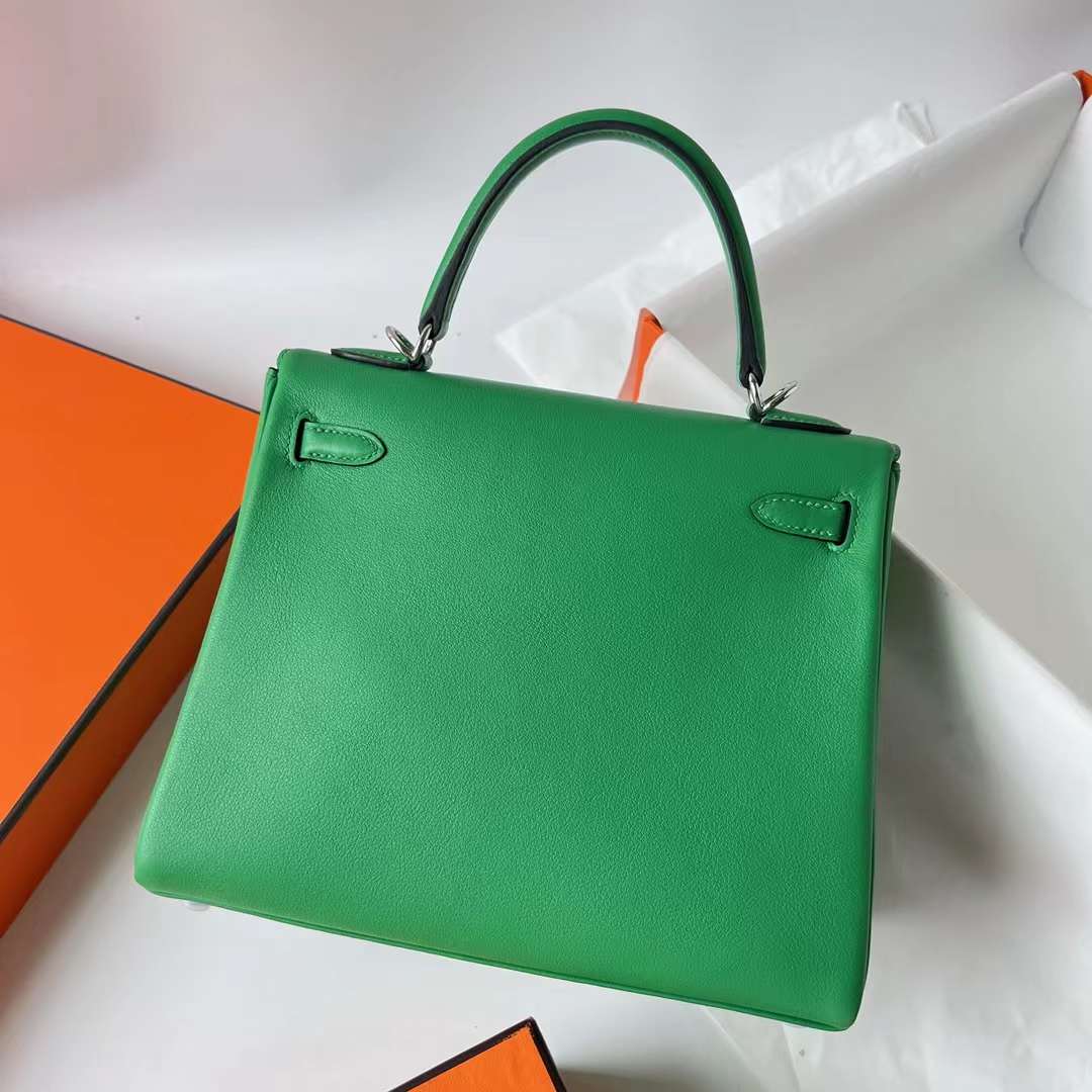 Hermès（爱马仕）Kelly 凯莉包 Swift 1K 竹子绿 bambou 银扣 25cm 全手工蜡线缝 Phw