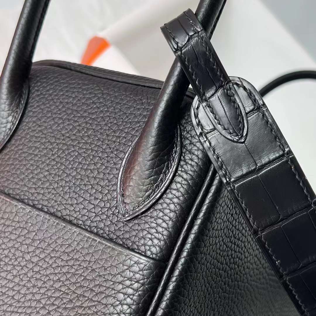Hermès（爱马仕）Lindy 琳迪包 Touch Clemence 拼 雾面鳄鱼皮 Ck89 黑色 银扣 26cm 全手工蜡线缝制 Phw