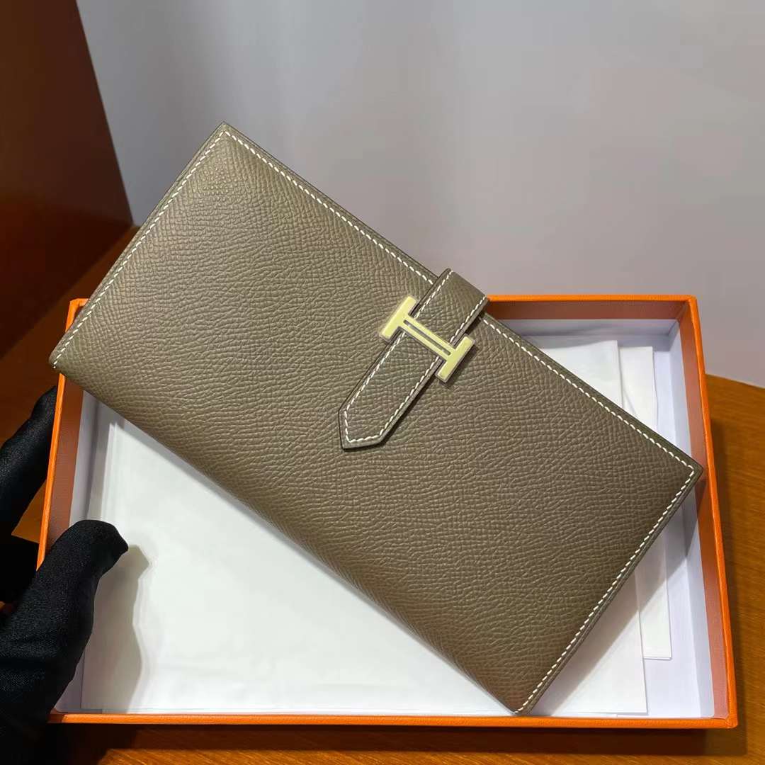 Hermès（爱马仕）Bearn 长款钱包 Epsom Ck18 大象灰 金扣 全手工蜡线缝制