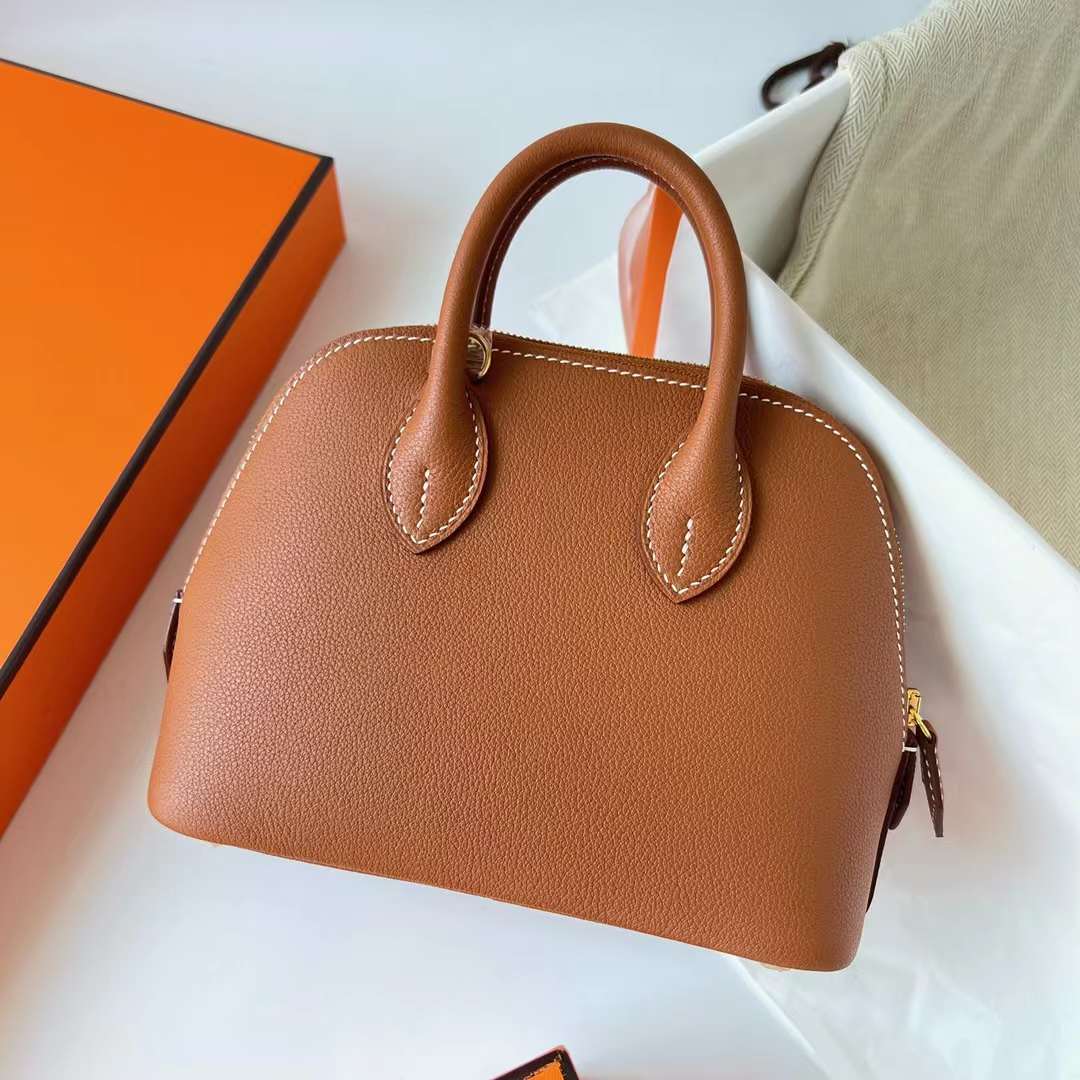 Hermès（爱马仕）Mini Bolide 迷你保龄球包 Evercolor Ck37 金棕色 金扣 19cm 全手工蜡线缝制 Ghw