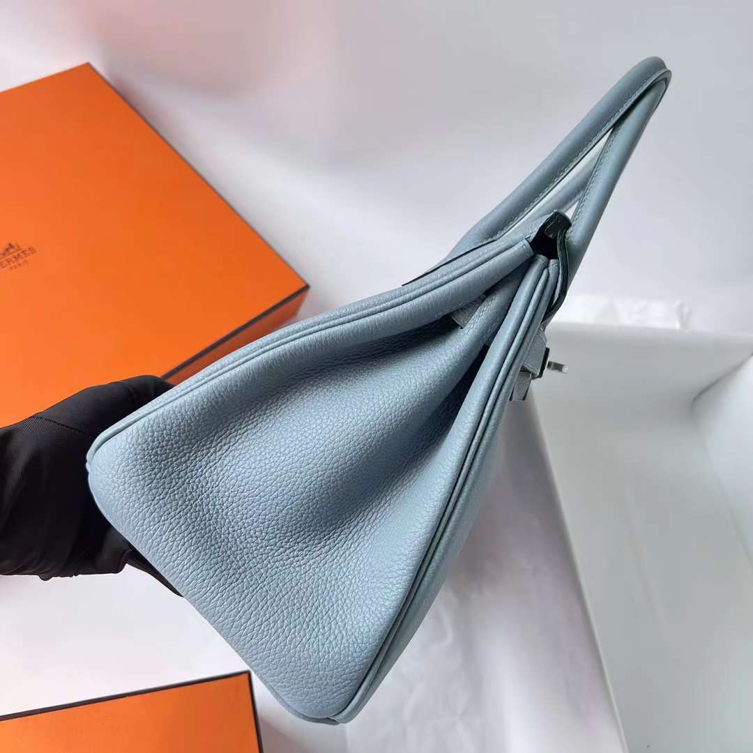 Hermès（爱马仕）Birkin 铂金包 Togo J7 亚麻蓝 内拼 D0 威马犬米色 银扣 30cm 全手工蜡线缝 Phw