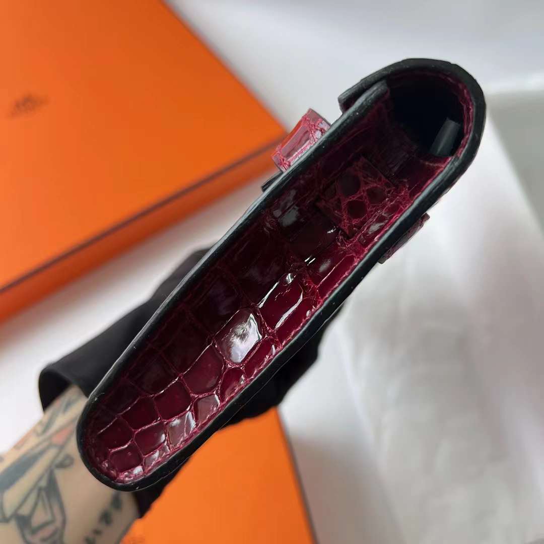 Hermès（爱马仕）Kelly cut 亮面倒v澳洲湾鳄 shiny porosus crocodile F5 勃艮第酒红 Bourgogne 银扣 31cm 全手工蜡线缝 Phw