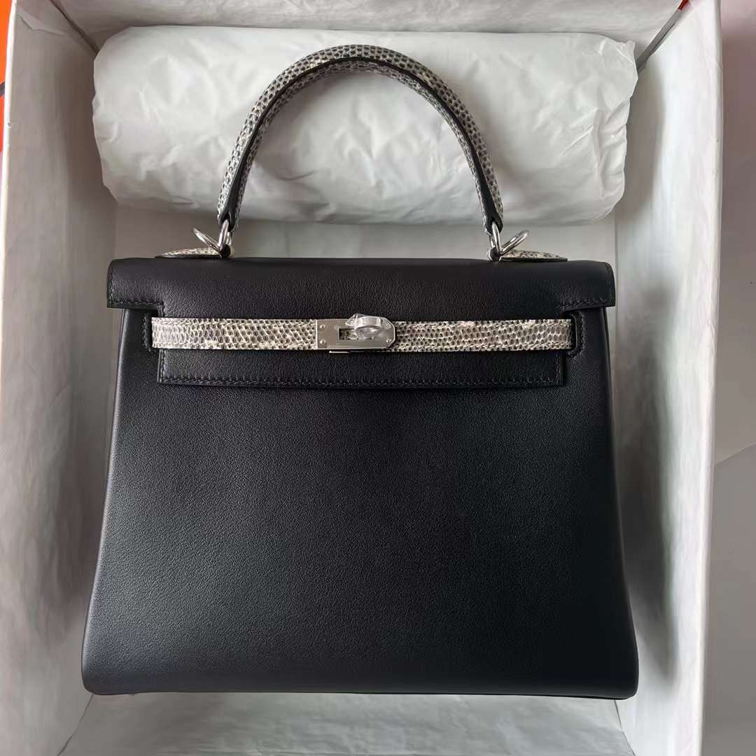 Hermès（爱马仕）Kelly 凯莉包 Touch Swift皮 拼 亮面蜥蜴皮 Ck89 黑色 拼 自然色 银扣 25cm 全手工蜡线缝 Phw