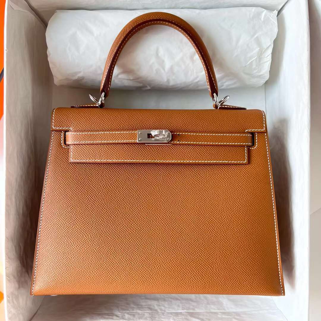 Hermès（爱马仕）Kelly 凯莉包 Epsom 进口手掌纹 Ck37 金棕色 银扣 25cm 全手工蜡线缝 Phw
