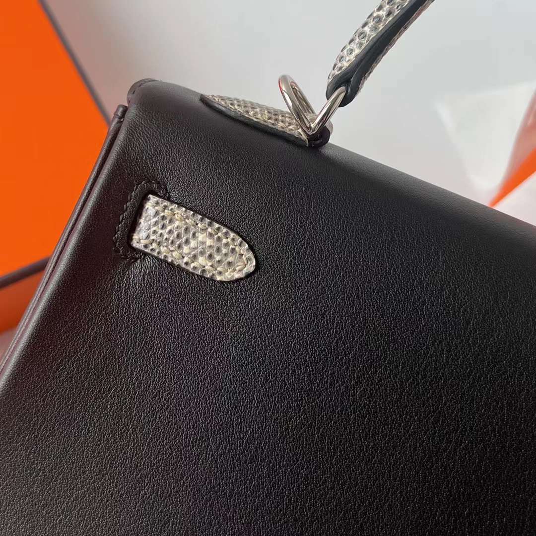 Hermès（爱马仕）Kelly 凯莉包 Touch Swift皮 拼 亮面蜥蜴皮 Ck89 黑色 拼 自然色 银扣 25cm 全手工蜡线缝 Phw