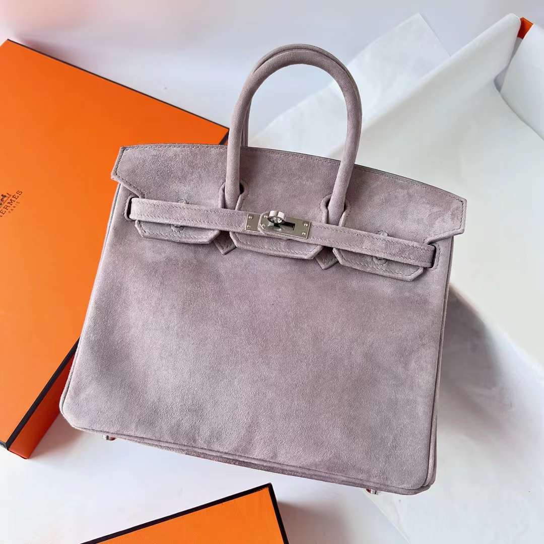 Hermès（爱马仕）Birkin 铂金包 Suede 进口羊皮反绒 麂皮 M8 沥青灰 银扣 25cm 全手工蜡线缝 Phw