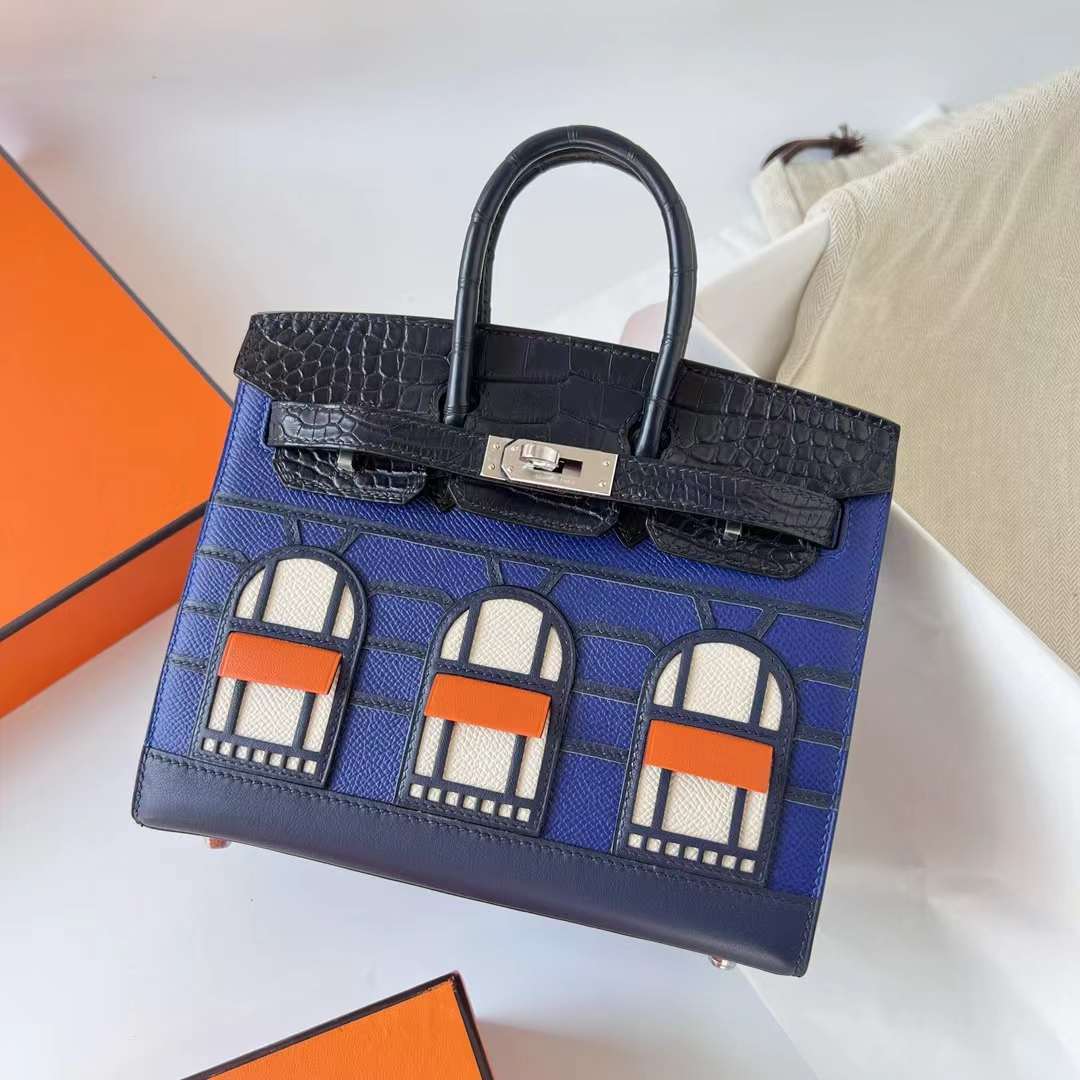 Hermès（爱马仕）Birkin 限量版 蓝色 小房子 银扣 20cm 全手工蜡线缝制 Phw