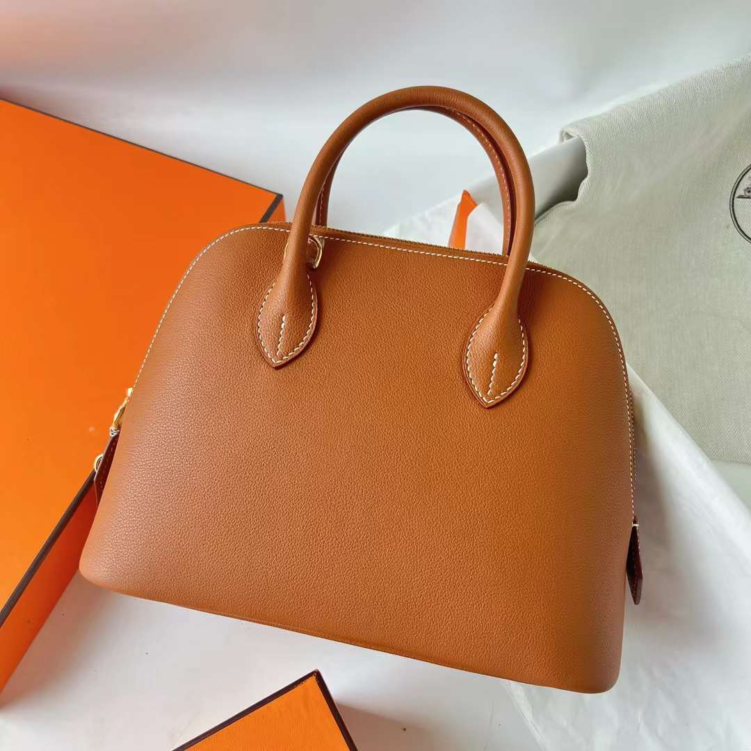 Hermès（爱马仕）Bolide 保龄球包 Evercolor Ck37 金棕色 内拼 P9 海葵紫 金扣 25cm 全手工蜡线缝 Ghw