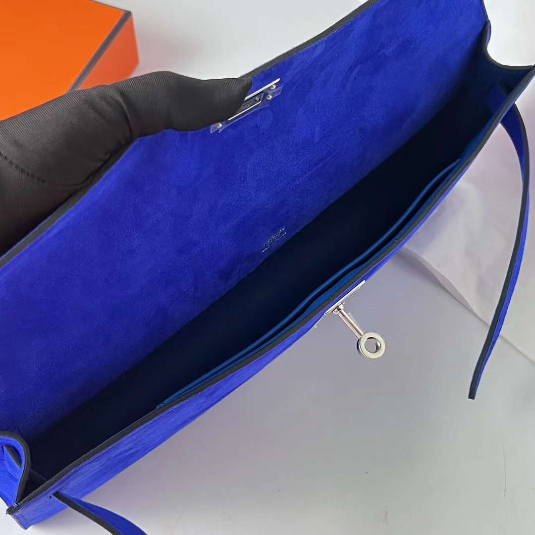 Hermès（爱马仕）Kelly cut Suede 进口麂皮 7T 电光蓝 银扣 31cm 全手工蜡线缝 Phw