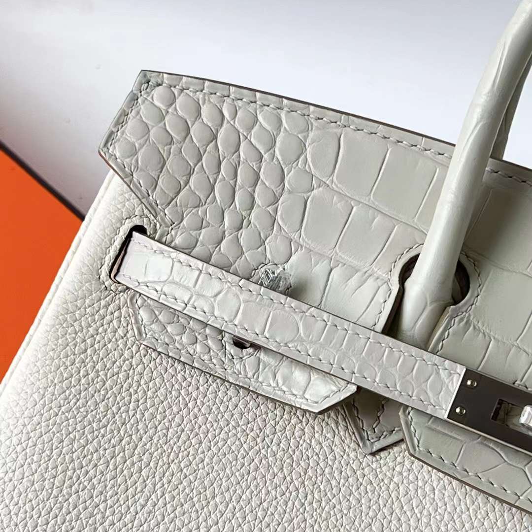 Hermès（爱马仕）Birkin 铂金包 Touch Togo & 雾面美洲鳄 8L 冰川白 银扣 25cm 全手工蜡线缝 Phw