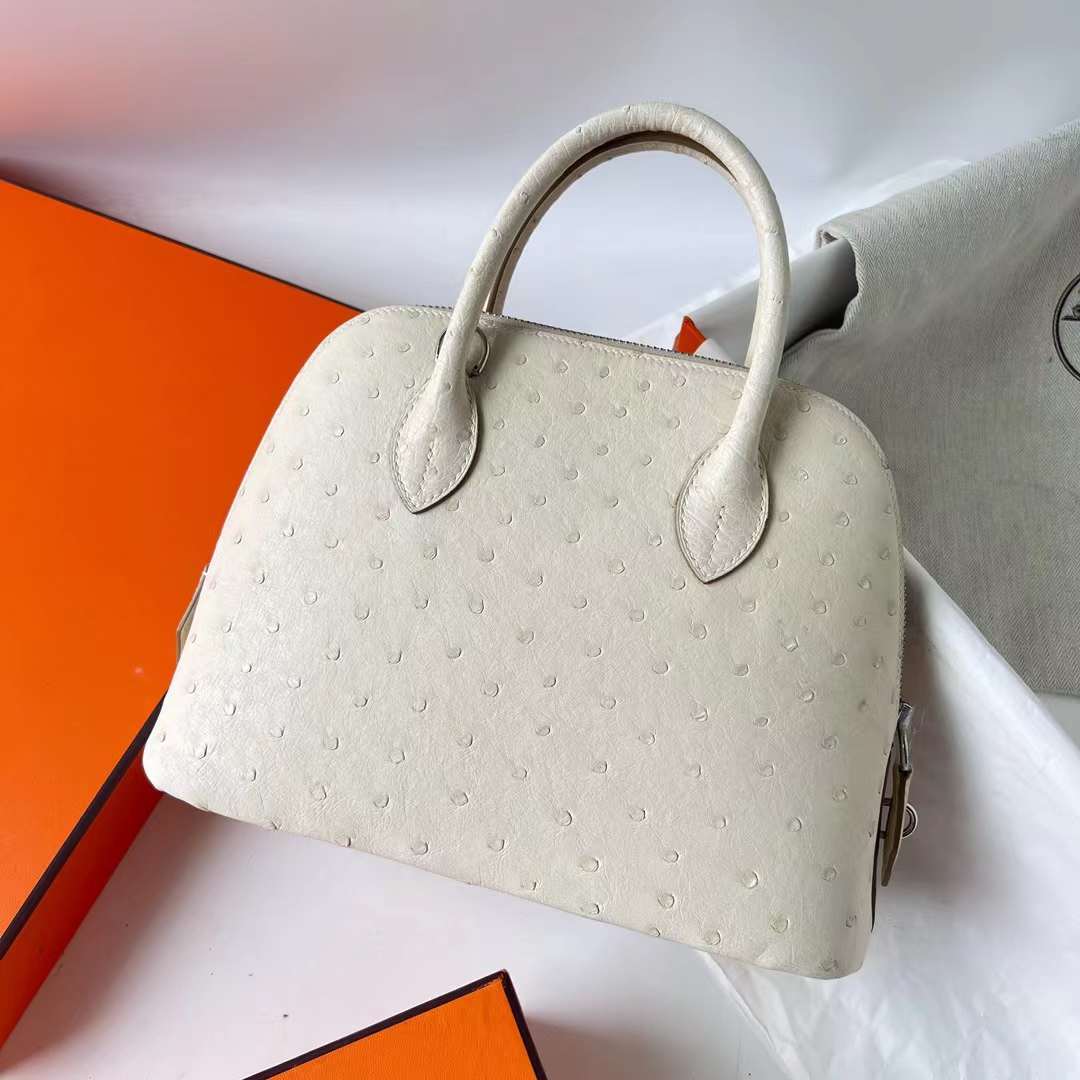 Hermès（爱马仕）Bolide 保龄球包 Ostrich 进口kk鸵鸟皮 3C 羊毛白 银扣 25cm 全手工蜡线缝 Phw