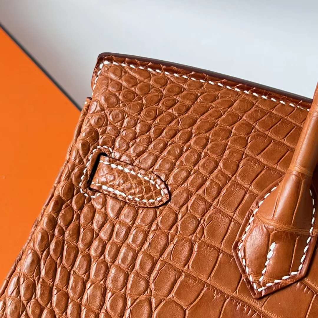 Hermès（爱马仕）Birkin 铂金包 雾面美洲鳄鱼皮 拼 马鞍皮 matte alligator crocodile CC34 原始色 银扣 25cm 全手工蜡线缝 Phw