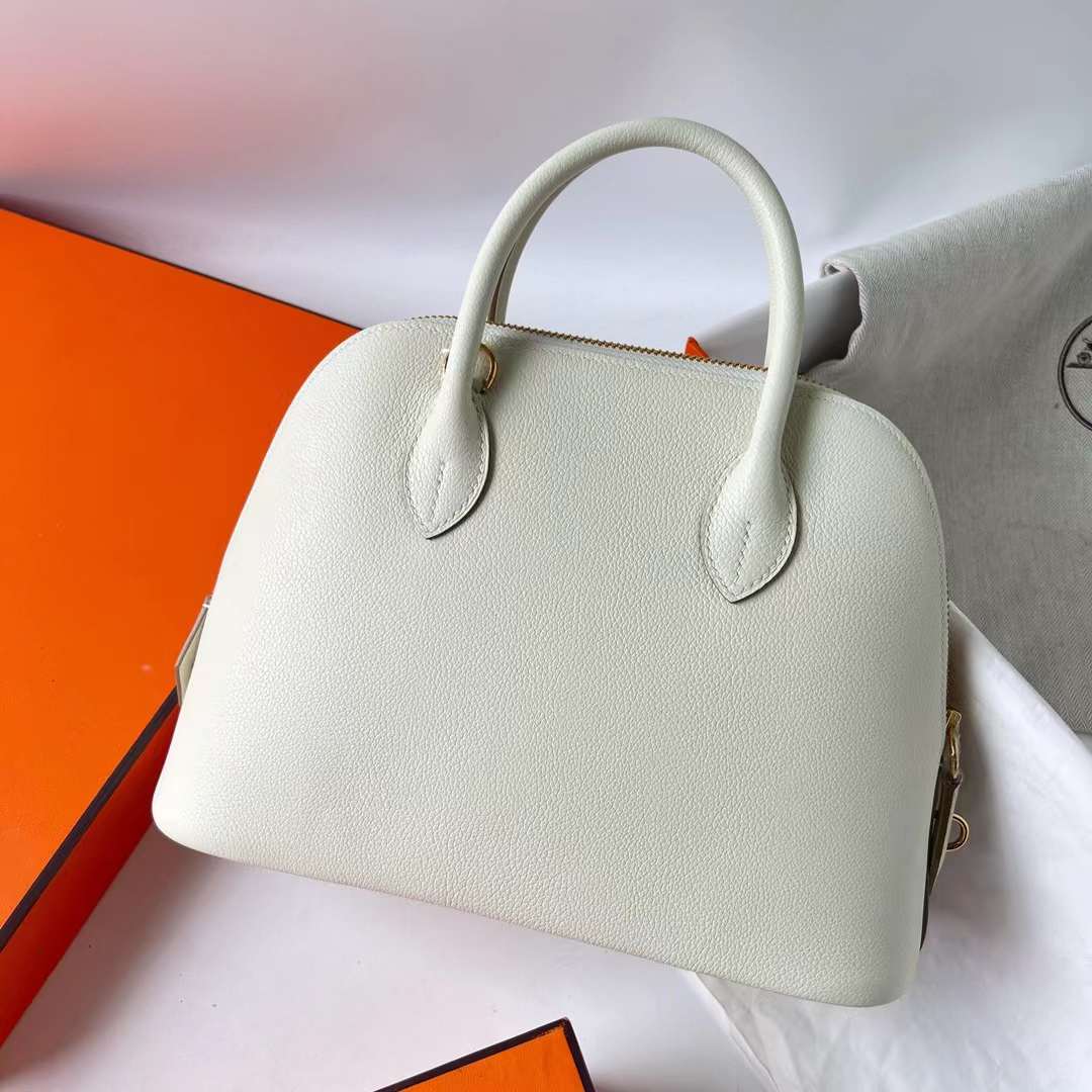 Hermès（爱马仕）Bolide 保龄球包 Evercolor 0T 蘑菇白 内拼 4B 饼干色 金扣 25cm 全手工蜡线缝 Ghw