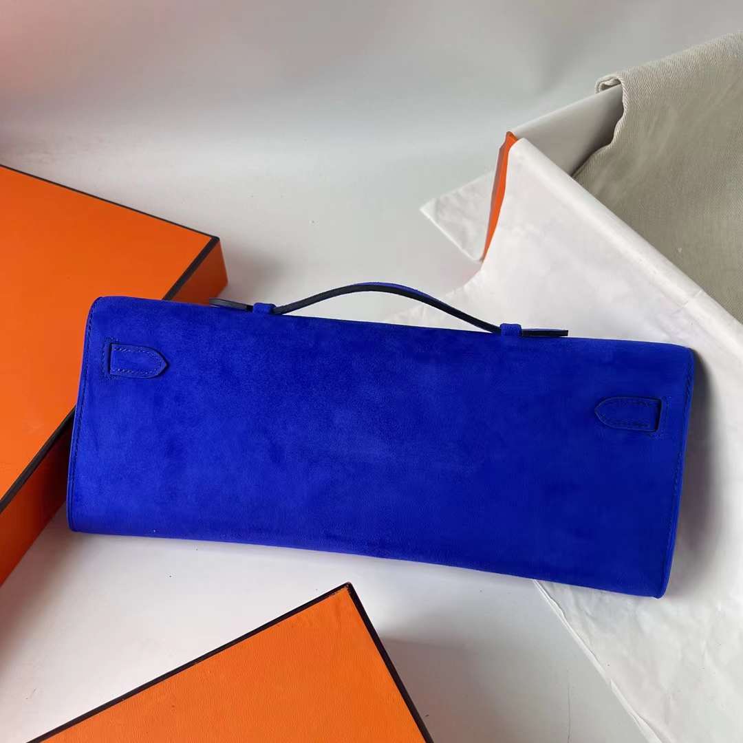 Hermès（爱马仕）Kelly cut Suede 进口麂皮 7T 电光蓝 银扣 31cm 全手工蜡线缝 Phw