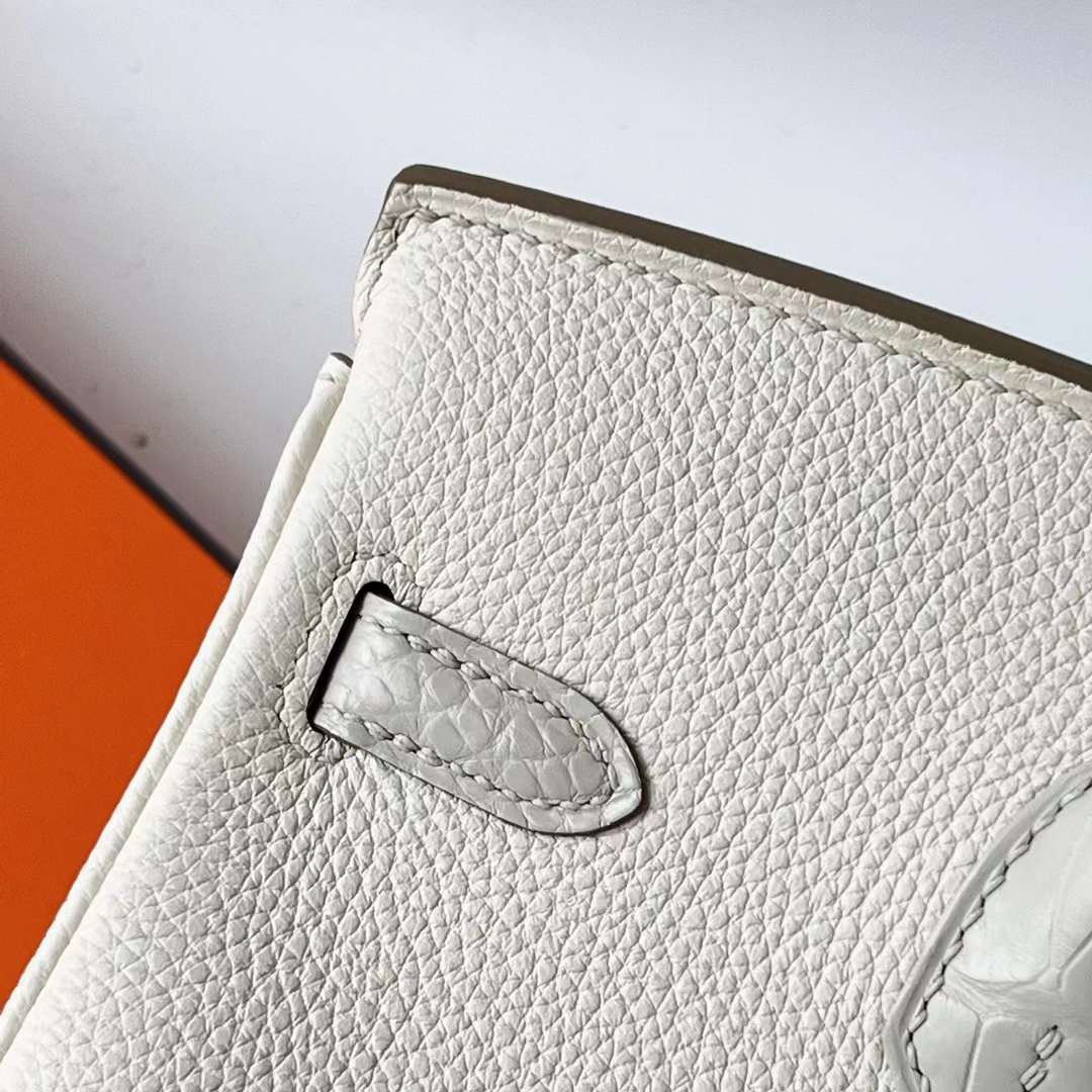 Hermès（爱马仕）Birkin 铂金包 Touch Togo & 雾面美洲鳄 8L 冰川白 银扣 25cm 全手工蜡线缝 Phw
