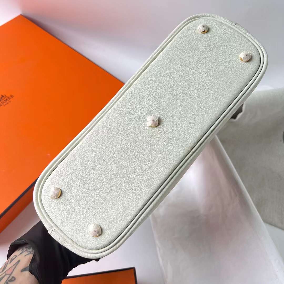 Hermès（爱马仕）Bolide 保龄球包 Evercolor 0T 蘑菇白 内拼 4B 饼干色 金扣 25cm 全手工蜡线缝 Ghw