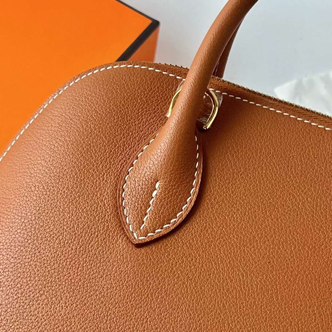 Hermès（爱马仕）Bolide 保龄球包 Evercolor Ck37 金棕色 内拼 P9 海葵紫 金扣 25cm 全手工蜡线缝 Ghw