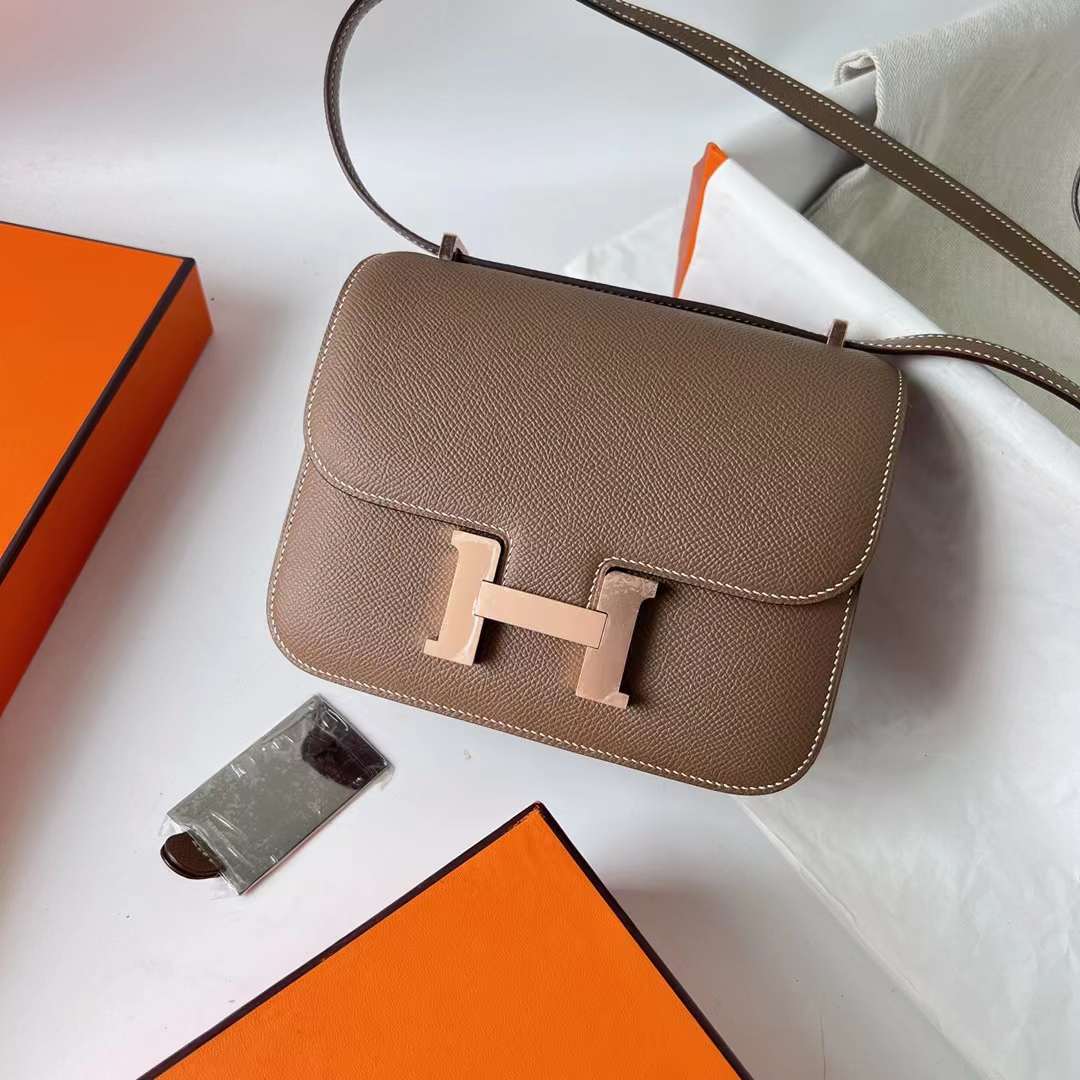Hermès（爱马仕）Constance 空姐包 1-19 Epsom 镜子款 ck18 大象灰 玫瑰金扣 19cm 全手工蜡线缝 RGhw