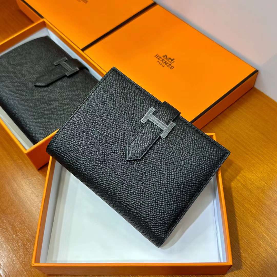 Hermès（爱马仕）Bearn H短款钱包 Epsom Ck89 黑色 黑扣 一级工艺 全手工蜡线缝