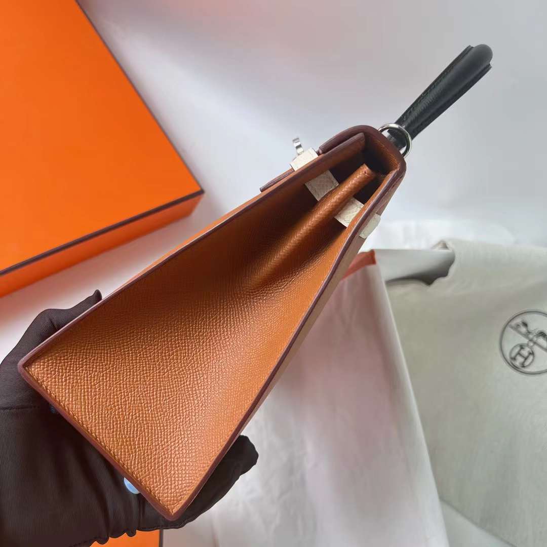 Hermès（爱马仕）Kelly 凯莉包 三拼色 Epsom Ck37 金棕色 拼 I2 奶油白 拼 黑色 内拼 宝石蓝 银扣 25cm 全手工蜡线缝 Phw
