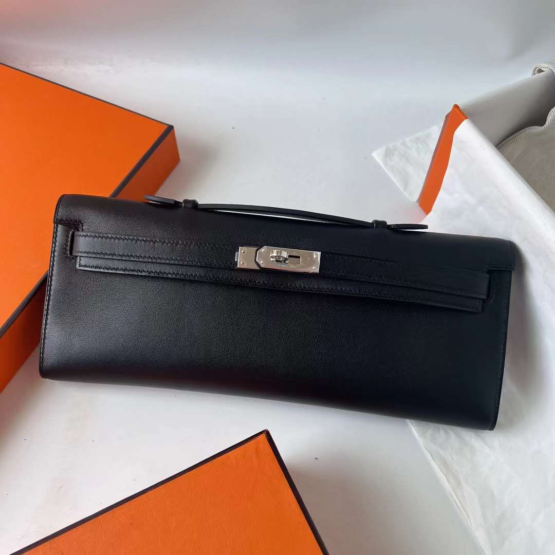 Hermès（爱马仕）Kelly cut 手拿包 Swift Ck89 黑色 银扣 31cm 全手工蜡线缝 Phw