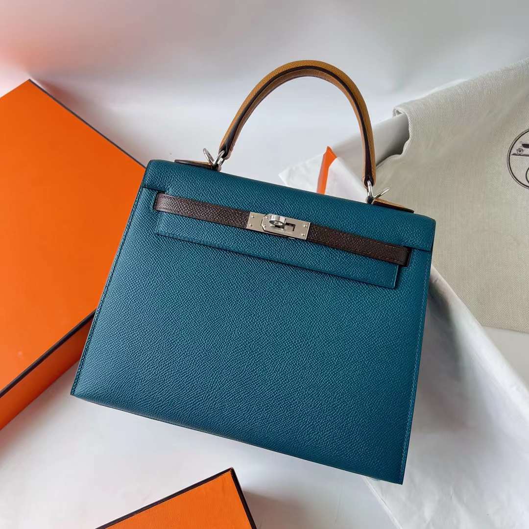 Hermès（爱马仕）Kelly 凯莉包 三拼色 Epsom 7W 伊兹密尔蓝 拼 Ck46 乌木色 拼 2S 芝麻色 银扣 25cm 全手工蜡线缝 Phw