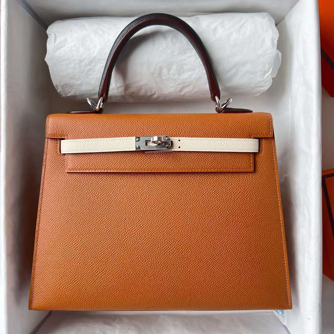 Hermès（爱马仕）Kelly 凯莉包 三拼色 Epsom Ck37 金棕色 拼 I2 奶油白 拼 黑色 内拼 宝石蓝 银扣 25cm 全手工蜡线缝 Phw