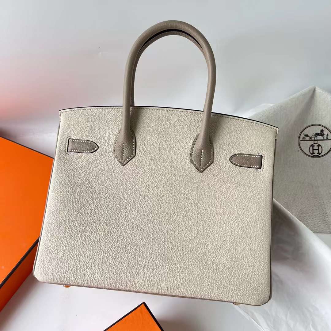 Hermès（爱马仕）Birkin 铂金包 Hss Togo 顶级小牛皮 Ck10 奶昔白 拼 Ck81 斑鸠灰 拉丝金扣 30cm 全手工蜡线缝 Ghw
