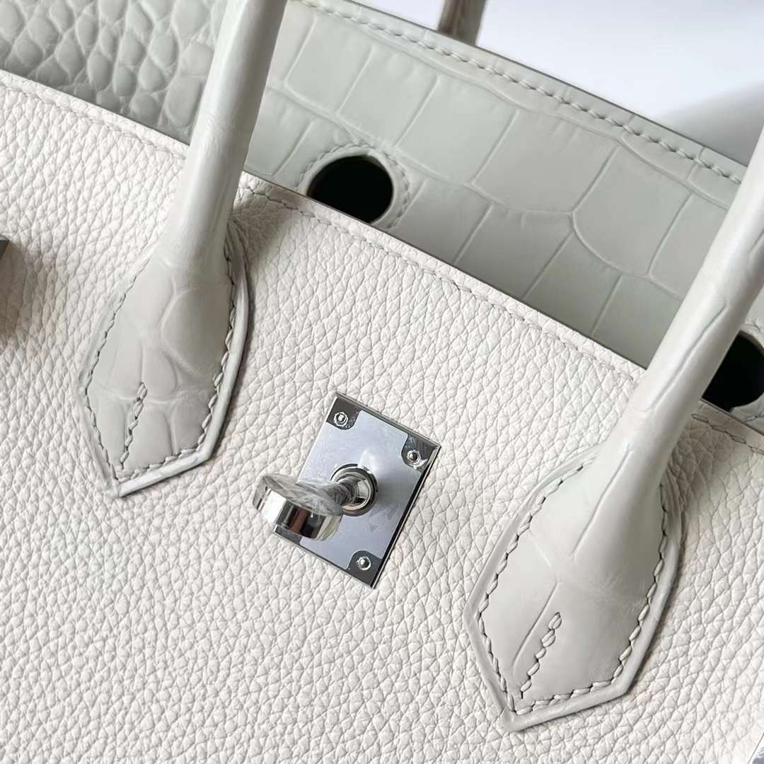 Hermès（爱马仕）Birkin 铂金包 Touch Togo & 雾面美洲鳄 8L 冰川白 银扣 25cm 全手工蜡线缝 Phw
