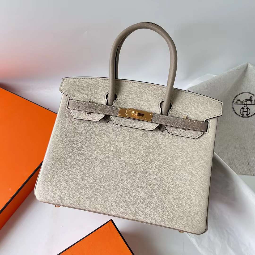 Hermès（爱马仕）Birkin 铂金包 Hss Togo 顶级小牛皮 Ck10 奶昔白 拼 Ck81 斑鸠灰 拉丝金扣 30cm 全手工蜡线缝 Ghw