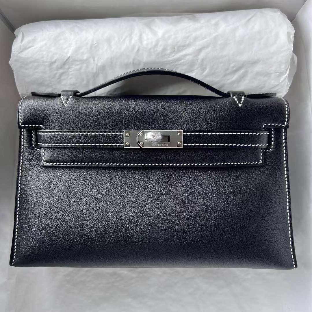 Hermès（爱马仕）Mini Kelly Pochette Swift Ck89 黑色 内拼 9D 琥珀黄 银扣 22cm 全手工蜡线缝 Phw
