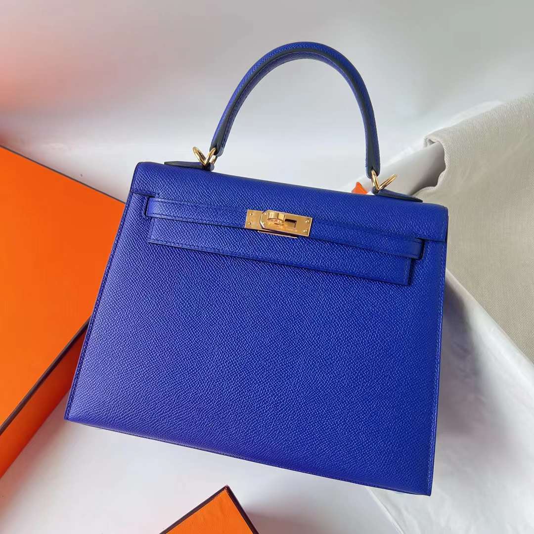 Hermès（爱马仕）Kelly 凯莉包 Epsom 7T 电光蓝 金扣 25cm 全手工蜡线缝 Ghw