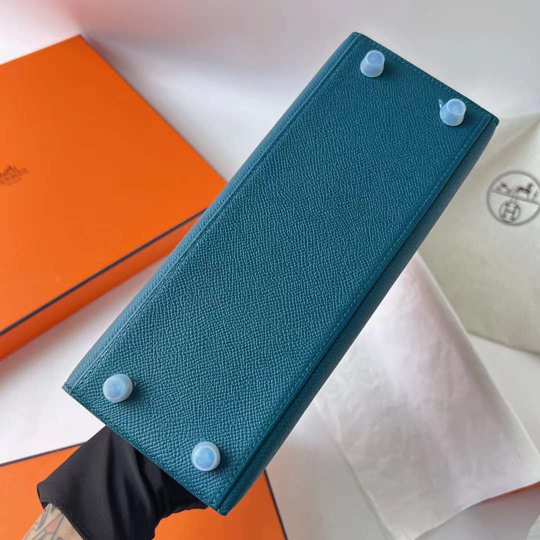 Hermès（爱马仕）Kelly 凯莉包 三拼色 Epsom 7W 伊兹密尔蓝 拼 Ck46 乌木色 拼 2S 芝麻色 银扣 25cm 全手工蜡线缝 Phw