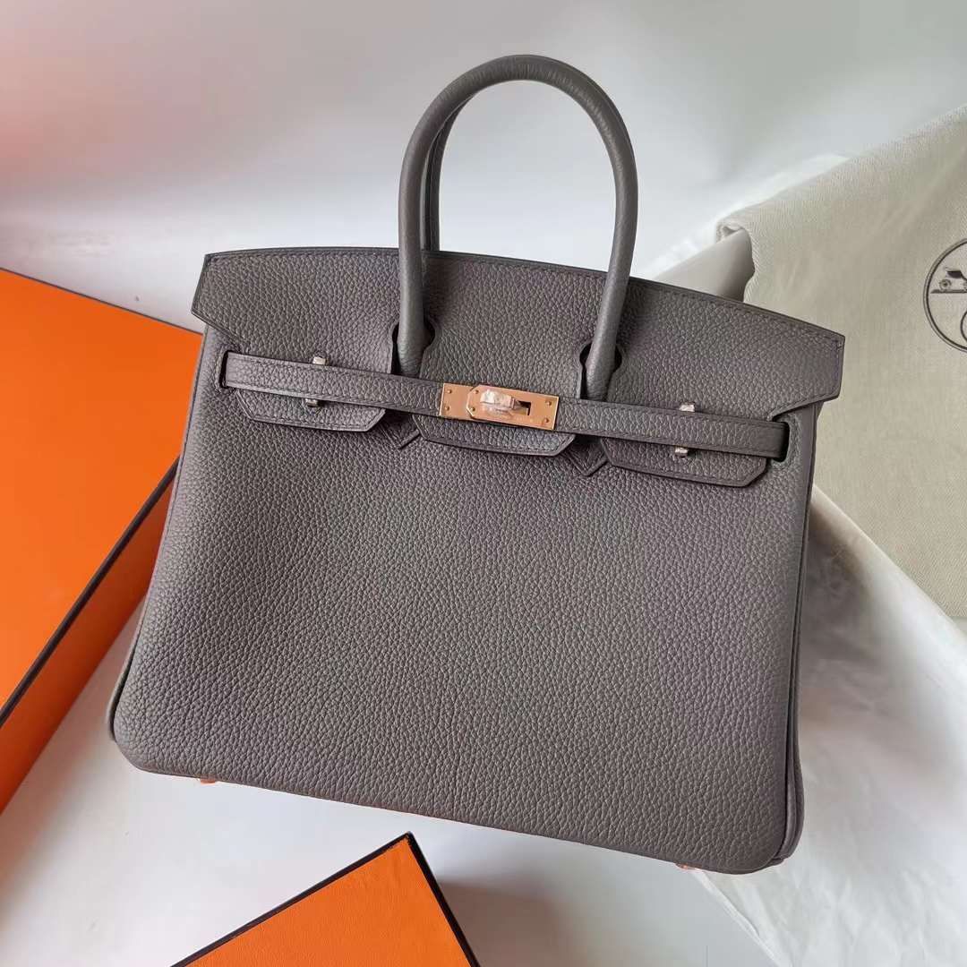 Hermès（爱马仕）Birkin 铂金包 Togo皮 顶级小牛皮 8F 锡器灰 玫瑰金扣 25cm 全手工蜡线缝 Ghw