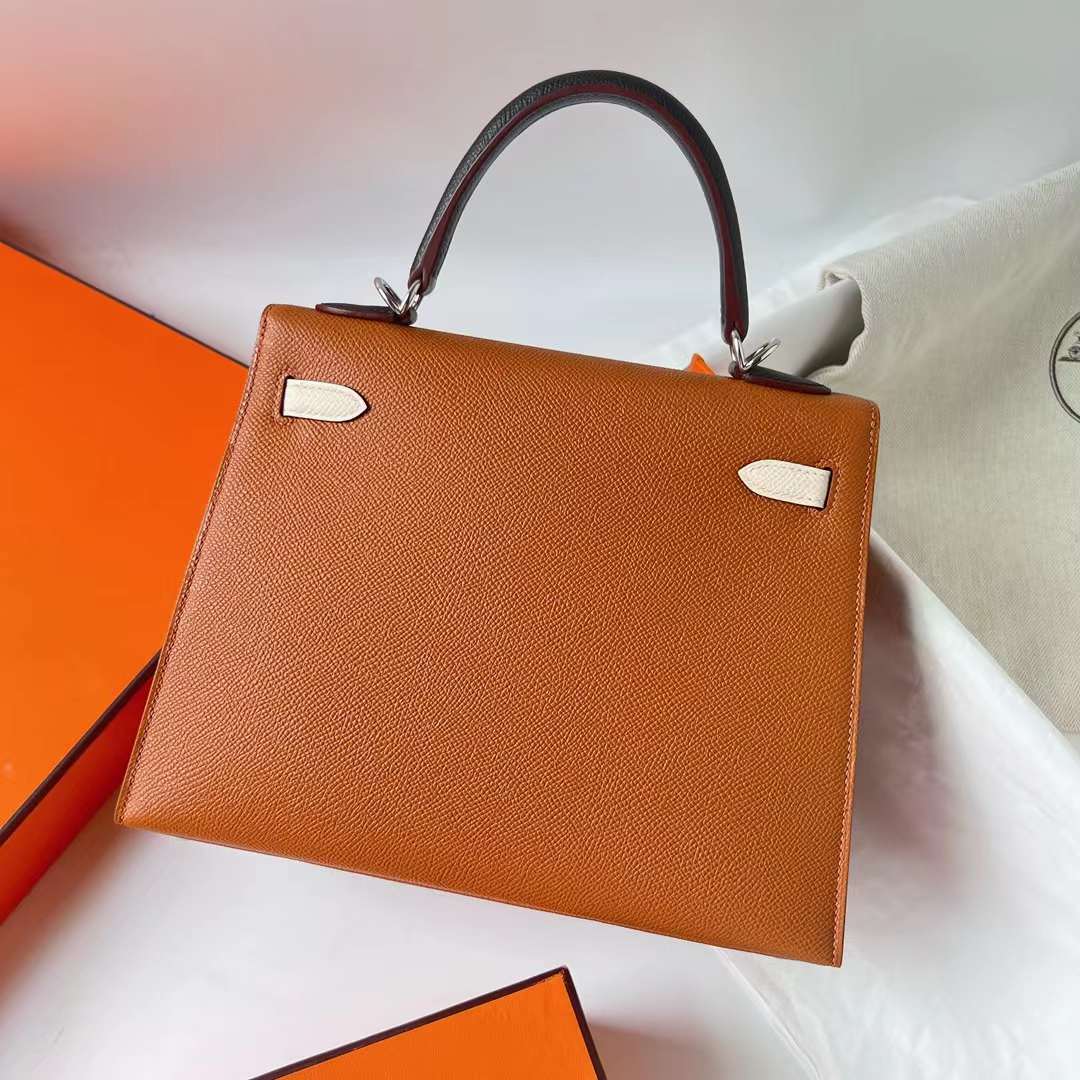 Hermès（爱马仕）Kelly 凯莉包 三拼色 Epsom Ck37 金棕色 拼 I2 奶油白 拼 黑色 内拼 宝石蓝 银扣 25cm 全手工蜡线缝 Phw