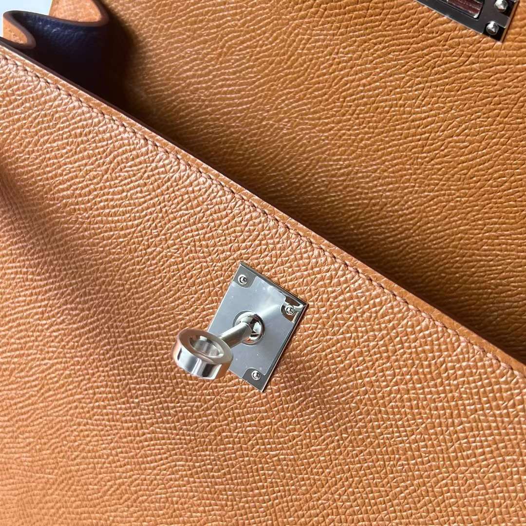 Hermès（爱马仕）Kelly 凯莉包 三拼色 Epsom Ck37 金棕色 拼 I2 奶油白 拼 黑色 内拼 宝石蓝 银扣 25cm 全手工蜡线缝 Phw