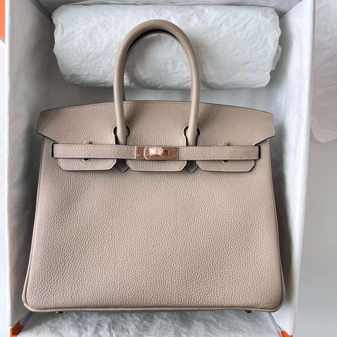 Hermès（爱马仕）Birkin 铂金包 Togo皮 顶级小牛皮 Ck81 斑鸠灰 玫瑰金扣 25cm 全手工蜡线缝 Rghw