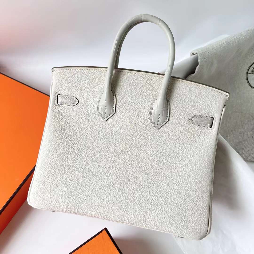 Hermès（爱马仕）Birkin 铂金包 Touch Togo & 雾面美洲鳄 8L 冰川白 银扣 25cm 全手工蜡线缝 Phw