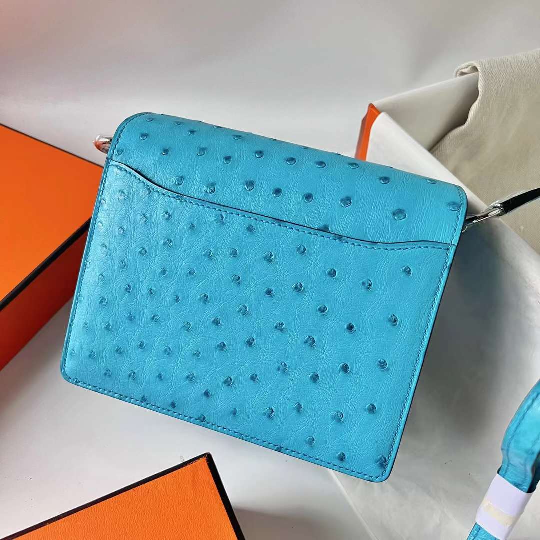 Hermès（爱马仕）Roulis 猪鼻子 Ostrich 进口鸵鸟皮 7F 孔雀蓝 银扣 18cm 全手工蜡线缝 Phw
