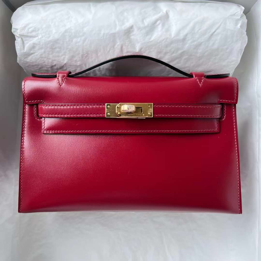 Hermès（爱马仕）Mini Kelly Pochette Box Ck55 爱马仕红 金扣 22cm 全手工蜡线缝 Ghw