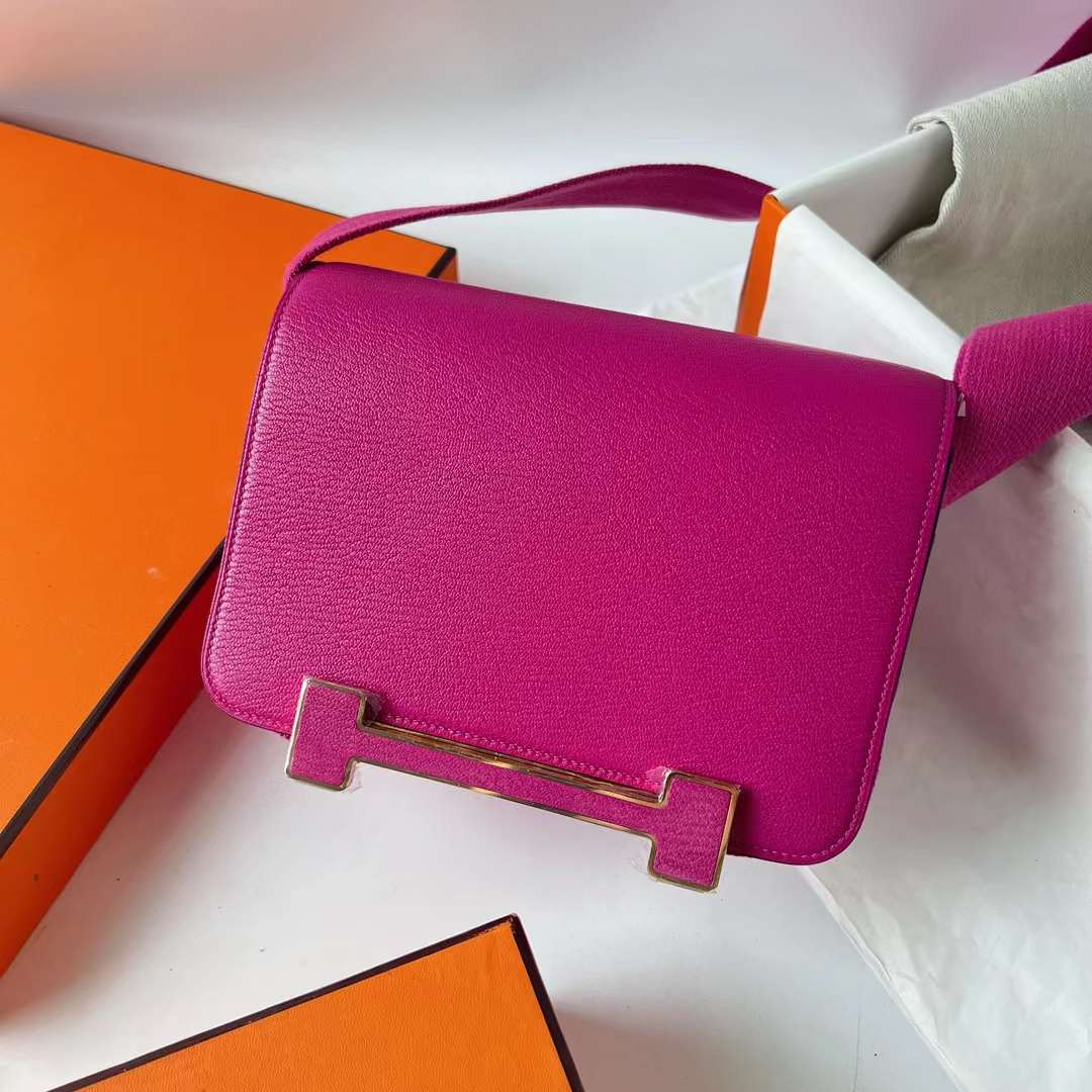 Hermès（爱马仕）Geta 木屐包 Chevre 进口山羊皮 L3 玫瑰紫 金扣 20cm 全手工蜡线缝制 Ghw
