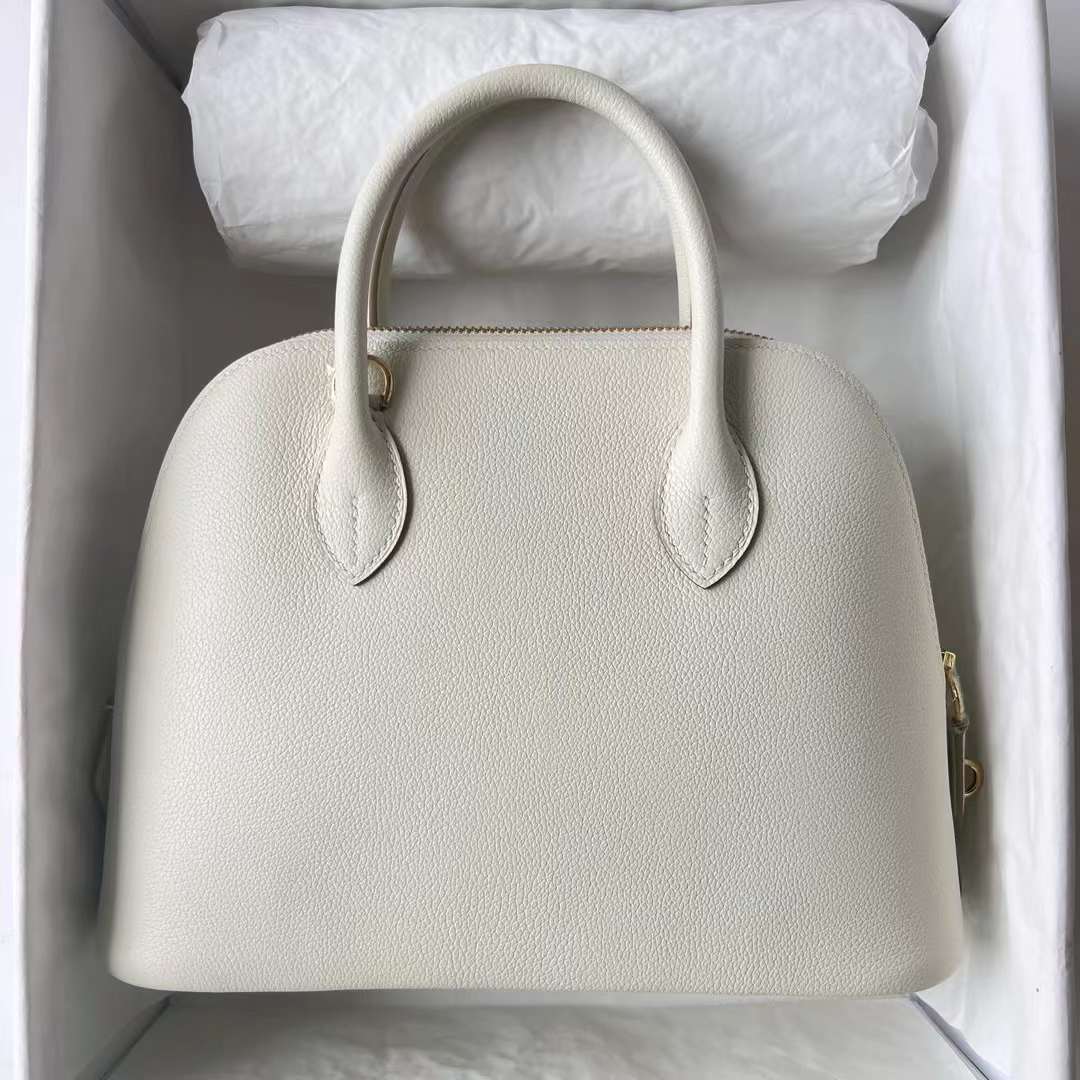 Hermès（爱马仕）Bolide 保龄球包 Evercolor 0T 蘑菇白 内拼 4B 饼干色 金扣 25cm 全手工蜡线缝 Ghw