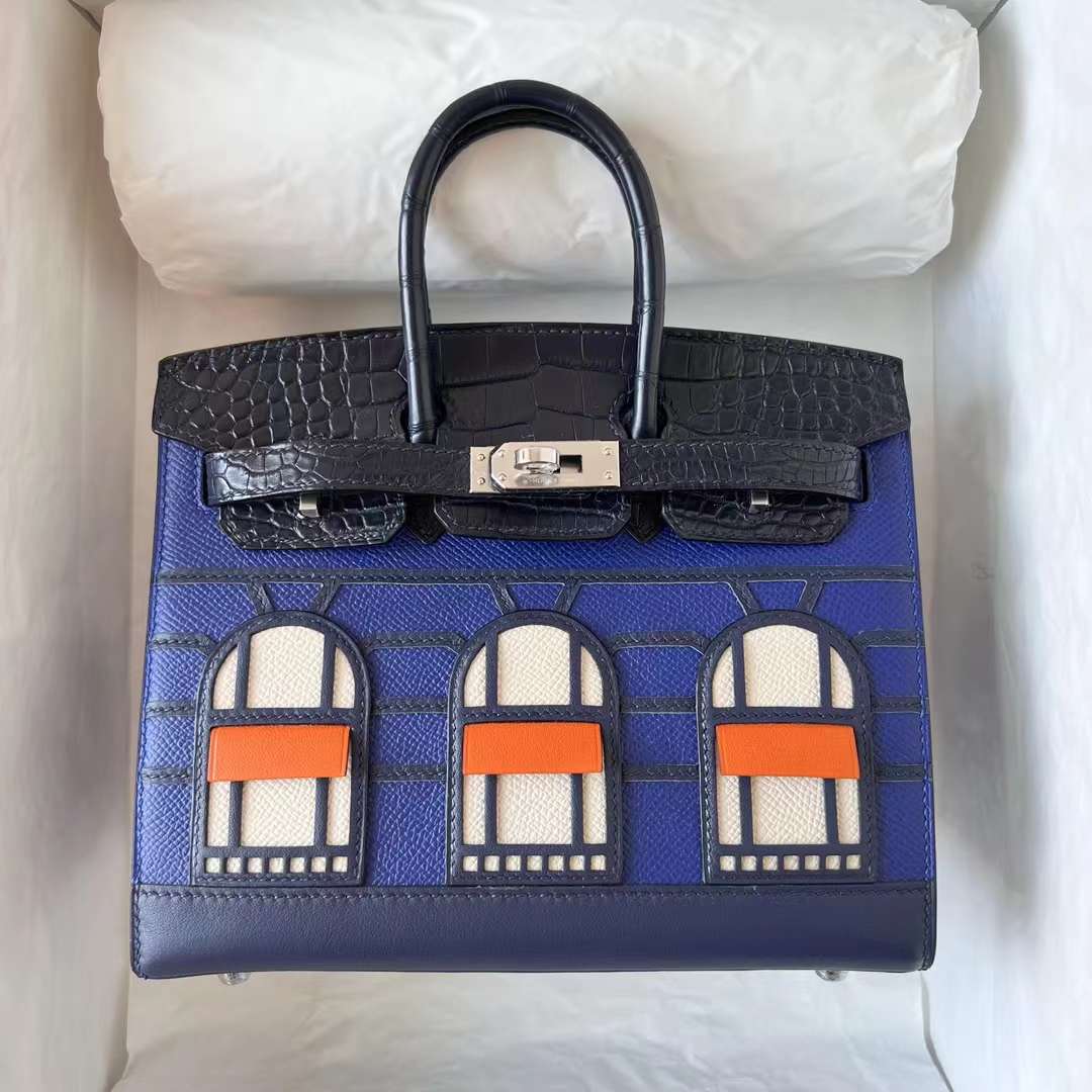 Hermès（爱马仕）Birkin 限量版 蓝色 小房子 银扣 20cm 全手工蜡线缝制 Phw