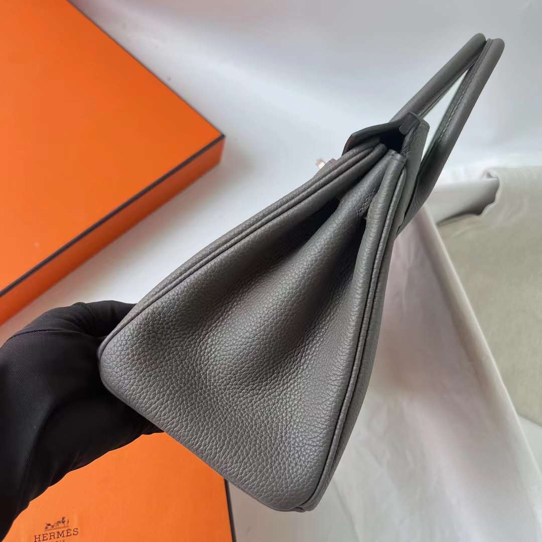 Hermès（爱马仕）Birkin 铂金包 Togo皮 顶级小牛皮 8F 锡器灰 玫瑰金扣 25cm 全手工蜡线缝 Ghw
